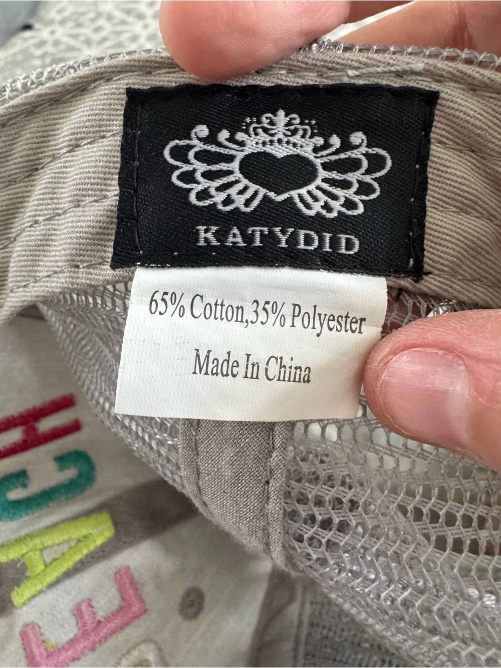 Katydid Gray Trucker Hat Distressed Multicolor Embroidered Letters BEACH PLEAS